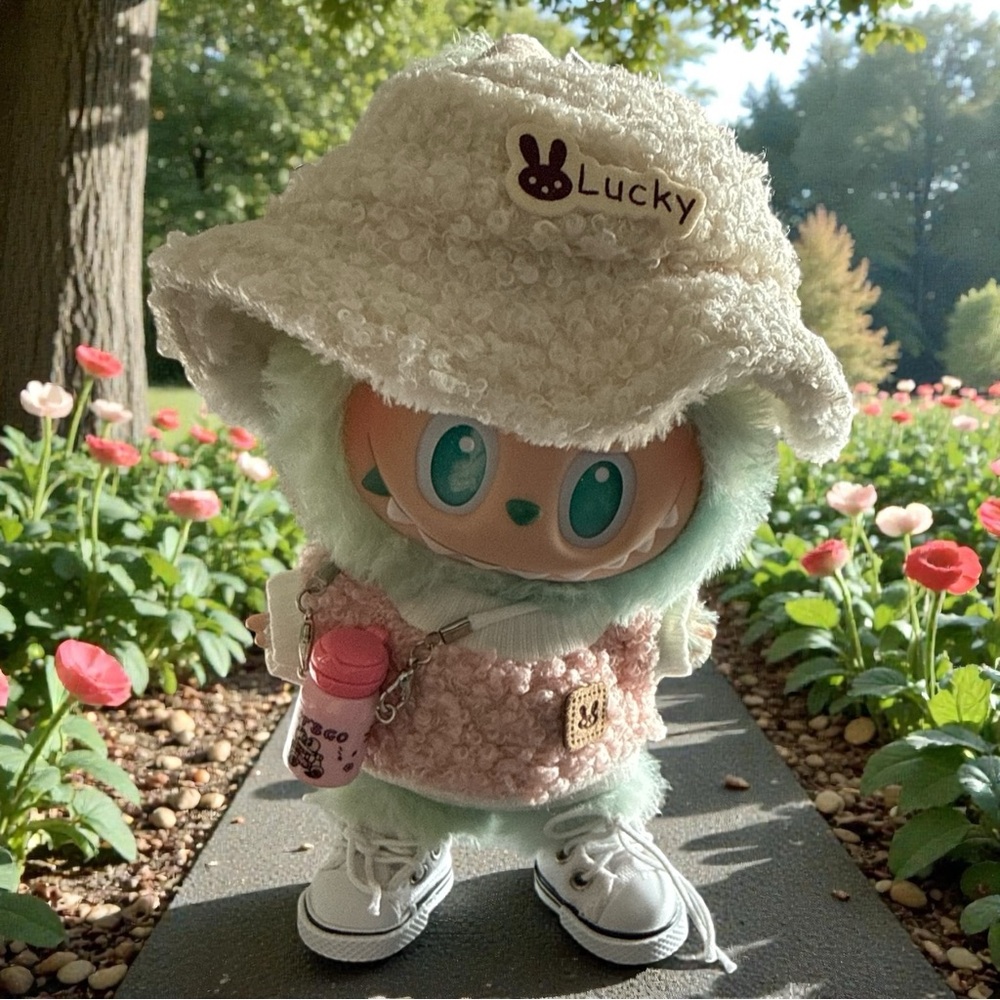 Labubu Clothes NIP Lucky Bunny Pink Cream Outfit with Water Bottle